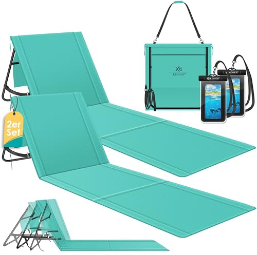 KESSER Juego de 2 esterillas de playa plegables con respaldo ajustable, correa de transporte, bolsa impermeable y almacenamiento, tumbona plegable para playa, jardín y terraza, soporta 130 kg cada uno