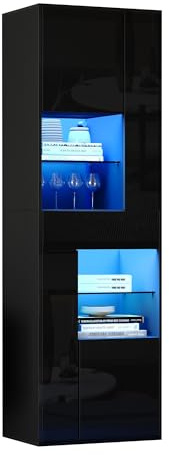 Glasvitrine & Standvitrine mit App-gesteuerter LED-Beleuchtung – Vitrinenschrank 55 cm breit mit 11 Ablageflächen & Schublade, Hochschrank Hochglanz Schwarz, Multifunktionsschrank mit Kippsicherung