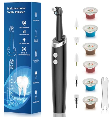 Tooth Polisher Plaque Remover for Teeth, Teeth Stain Remover Teeth Cleaning Plaque Removal Whitening Yellow Teeth with 5 Modes, Tooth Stain Remover with 5 Heads & 6 Toothpaste for Home Use