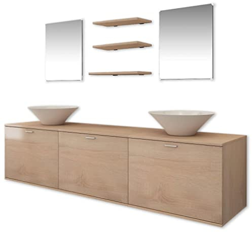 HFXHIJXQ 8-TLG Badmöbel Set mit Doppelwaschbecken Beige | Wandhängendes Badezimmer Set mit Schrank, zwei Spiegeln, drei Regalen und Keramik Becken für moderne Räume.