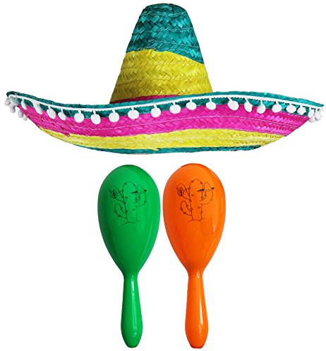 Mexikanisches Kostümzubehör-Set – Mexikanischer Sombrero mit Maracas – Mehrfarbig Pompom-Sombrero + grüne und orange Maracas