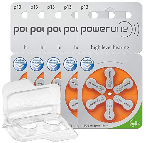 30x Varta Power One 13 Hörgerätebatterien 5x6er Blister PR48 Orange 24606 + Aufbewahrungsbox für 2 Hörgerätebatterien (10, 13, 312, 675), Batteriebox für 2 Knopfzellen bis 12 mm x 6 mm (Ø x H)