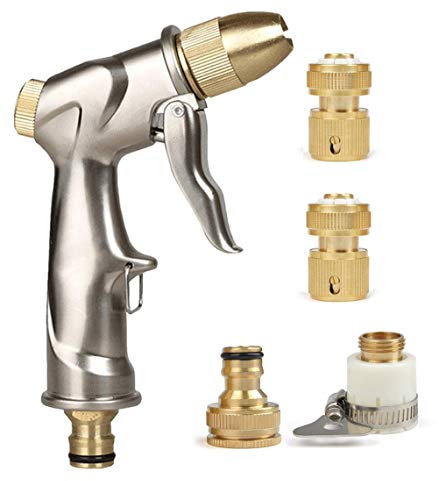 LATERN Garden Hose Spray Gun with Full Brass Nozzle, High Pressure Heavy Duty Zinc Alloy Metal Hand Watering Sprayer for Car Washing/Watering Lawn Garden (with 4Pcs Brass Connectors)