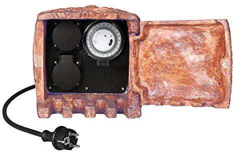 Toma de corriente para jardín con aspecto de piedra, color blanco, gris y marrón, 2 enchufes, con temporizador y 4 enchufes, incluye cable de 5 m