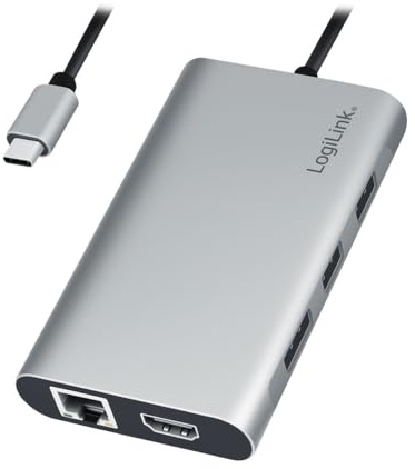 LogiLink UA0382 - USB 3.2 (Gen 1) Dockingstation mit 8-Ports und PD (Power Delivery) 100W, 1x USB-C (PD) / 2X USB 3.0 / 2X USB 2.0 / 1x HDMI / 1x DisplayPort / 1x RJ45 / Silber