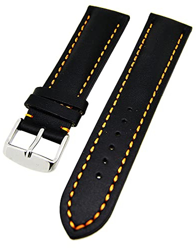 Uhrenhuette Uhrenarmband Glattleder gepolstert Farben und Stegbreiten wählbar (Schwarz mit oranger Naht, 22mm)