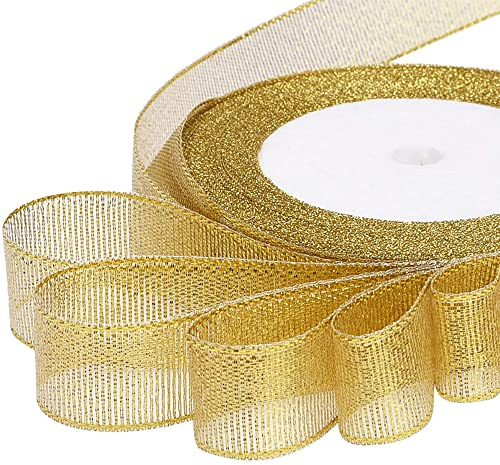 CENPEK Lot de 2 rouleaux de ruban de Noël doré pailleté pour emballage cadeau, rubans en organza pour travaux manuels, sapin de Noël (22,9 m x 20 mm de large)
