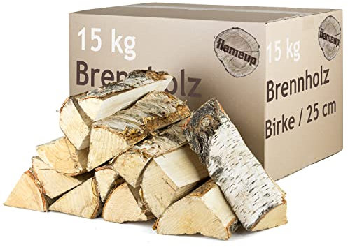 Brennholz Kaminholz Birkenholz Holz Auswahl 5-500 kg Birke Für Ofen und Kamin Kaminofen Feuerschale Grill Feuerholz Holzscheite 25 cm Kammergetrocknet Flameup, Menge:15 kg