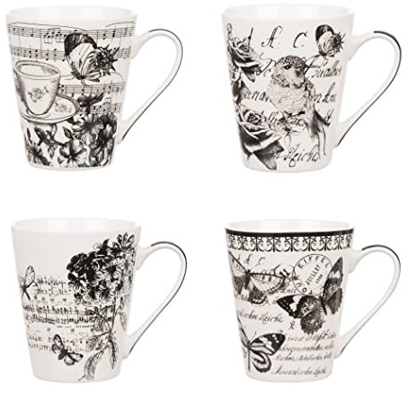 Invero Set of 4 Kitchen Vintage Printed Design Stoneware Mugs Cups 10.5oz - Ideal for Tea, Coffee, Latte, Hot Chocolate, Gifts and More