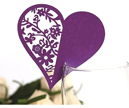 GIVBRO 50PC a forma di cuore tavolo segnaposto cartolina con nome scavato biglietto di auguri per bicchiere di vino decorazione bouquet viola