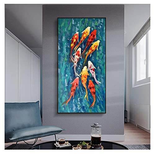 Abstrakte neun Koi-Fisch-Landschaftsölgemälde auf Leinwand, gerahmt, abstrakt, groß, Wandkunst, Leinwand, Dekor, Kunstwerk, Wanddekoration, 90 x 175 cm (35 x 69 Zoll) mit Rahmen