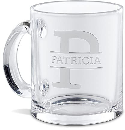 Print Royal Personalisierte Glastasse graviert mit Ihrem Anfangsbuchstaben P und Namen - Namenstasse graviert, Geschenkidee, Geburtstagsgeschenk | Lasergravur, Eckige Schrift, 300ml
