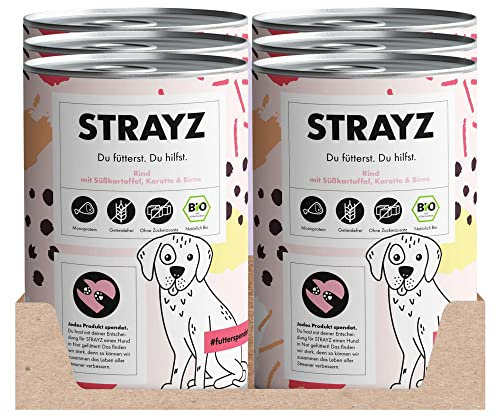 STRAYZ - Bio Hundefutter nass - Rind mit Süßkartoffel, Karotte & Birne | Nassfutter für Hunde - Getreidefrei, ohne Zucker & ohne Bindemittel (6x400g)