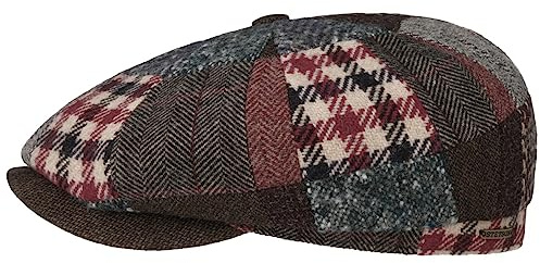 Stetson Hatteras Patchwork Mix Flatcap Mehrfarbige Mütze Britischer Country Stil Futter aus Baumwolle Made in EU Herren Herbst Winter dunkelrot S (54-55 cm)