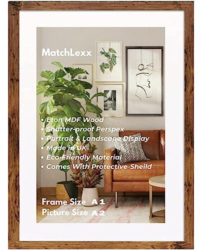 MatchLexx® Rustic | Large Pictures Frame A1 With White Mount A2 Photo Frame | Solid Wood Poster Frames Jigsaw Puzzle Artwork Vertical or Horizontal For Home and Office