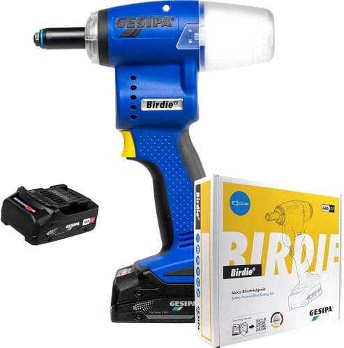 Gesipa Birdie mit 2x Akku 2,0 Ah und 1x Ladegerät im Karton, 10 kN Setzkraft, für Blindniete bis Ø 5 mm, Alu bis Ø 6 mm, Nietgerät 1746723