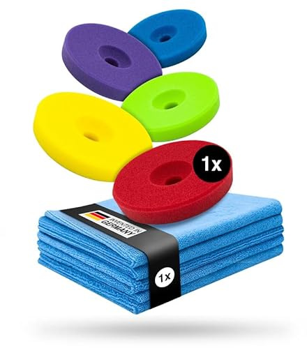 Liquid Elements Centriforce V2 Polierpads 75mm +Tücher, 4 Stärken á 1 Stück | Komplettset, alle Härtegrade, abrasiv bis extrem weich, Polierschwamm, speziell entwickelte Fräsung, optimierte Ergebnisse