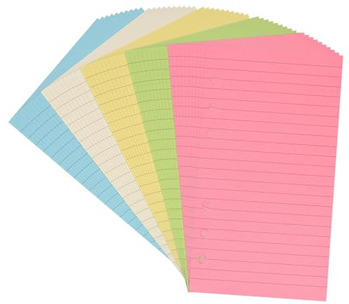 Bidponds A6 farbig liniertes Nachfüllpapier, 50 Blatt/100 Seiten, 6-fach gelocht, für 6-Ring-Binder, Notizbuch, Tagebuch, Planer, Organizer, liniert (17,2 x 9,5 cm), Grün, Gelb, Blau, Rosa, Weiß