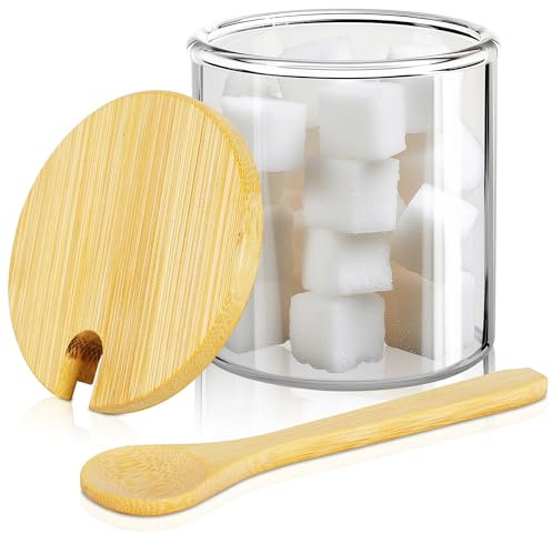 holoith Zuccheriera con coperchio e cucchiaio in bambù, barattolo trasparente da 325 ml, per accessori da bar, per conservare avena, sale, chicchi di caffè, spezie, lattiera, organizer per alimenti