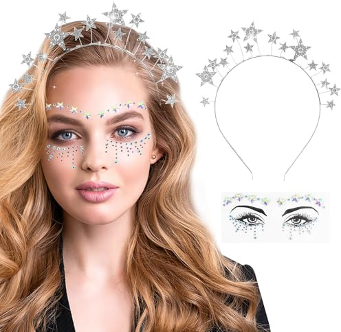 Sterne Haarreif Silber Sterne Stirnband Haarband Gesichtstattoo Haarreif | Sterne Strass Haarband Haarschmuck Sterne Für Karneval Hochzeit HalloweenMaskerade Geburtstag Kostümparty