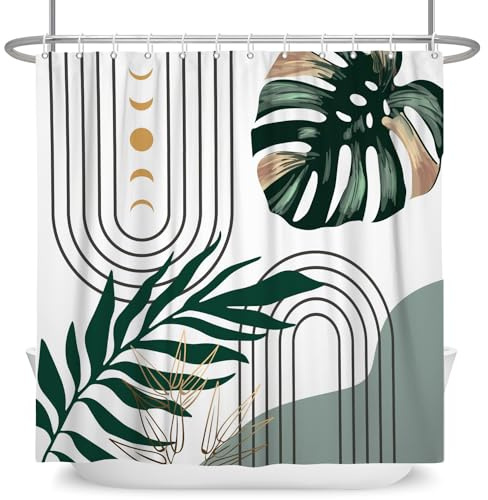 ASDCXZ Boho Duschvorhang 180x200 cm, Modern Abstrakt Grün Gold Blätter Schwarz Bogen Weiß Waschbar Duschvorhänge Polyester Textil Wasserdicht Anti-Schimmel Duschvorhang für Badewanne mit 12 Haken