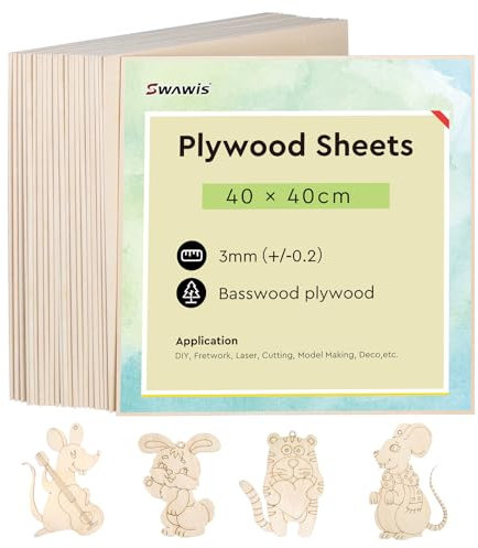 SWAWIS 25 Pièces Contreplaqué 3mm, 400 * 400mm Plaque de Bois, Contreplaqué Tilleul Marine, Panneaux Bois pour DIY Fretwork Laser Découpe Modélisme Déco