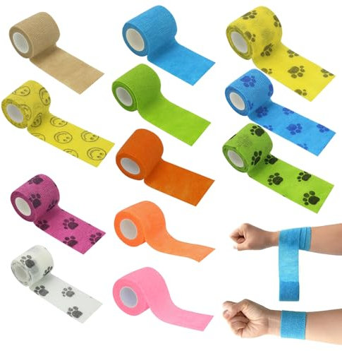 WUERKIYA Paquete De 12 Vendajes Autoadhesivos para Perros, Vendaje Veterinario, Vendaje Cohesivo para Mascotas, Vendaje Autoadhesivo para Dedos, Muñecas, Rodillas, Esguinces De Tobillo e Hinchazón