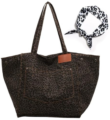 JEKAVA Tote Bag Damen Groß Leopardenmuster Handtasche Canvas Shopper Tasche Damen Umhängetasche Gross Tragetaschen Retro Schultertasche für Schule Arbeit Einkauf Alltag Reisen Frauen