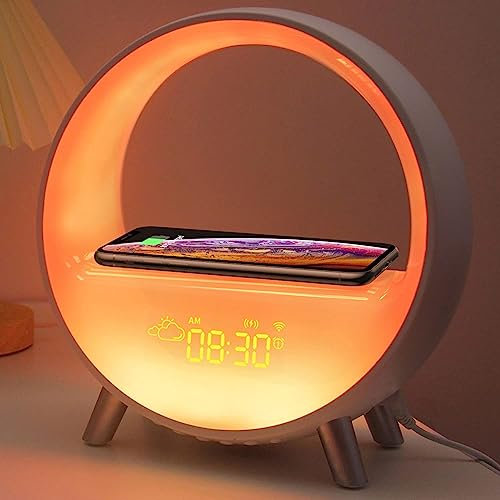ANGDI Intelligenter Sonnenaufgangswecker, Rhythmus-Atmosphärenlampe mit 15 W kabelloser Ladefunktion, Wetteranzeige, 9 Lichtmodi, 8 Einschlaf-Soundeffekte, Bluetooth-Lautsprecher