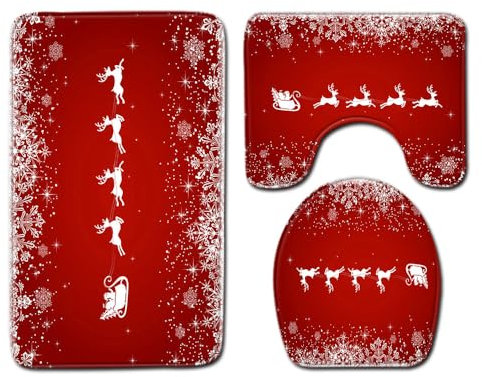 Bad Teppiche Set 3-Teiliges Weihnachten Rotwild WC Vorleger Mit Ausschnitt Badematte Saugfähig WC Deckelbezug Badvorleger rutschfest Waschbar Toilettensitzbezug Badgarnitur (45x75cm)