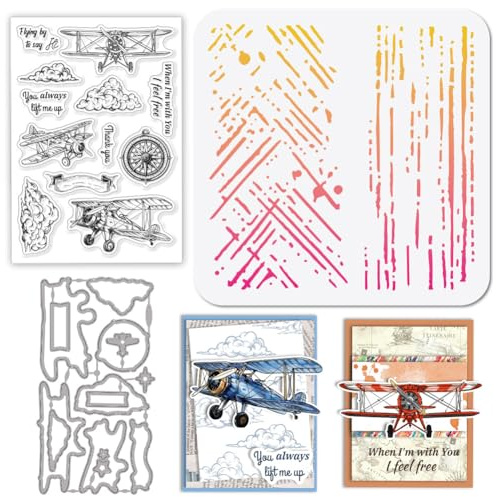 GLOBLELAND Vintage Flugzeugen Stamps Stanzschablone für die Kartenherstellung Wolken Kompass Bannerrahmen Silikonstempel Stanzschablone Flugzeug PET Malschablonen Für DIY Scrapbooking
