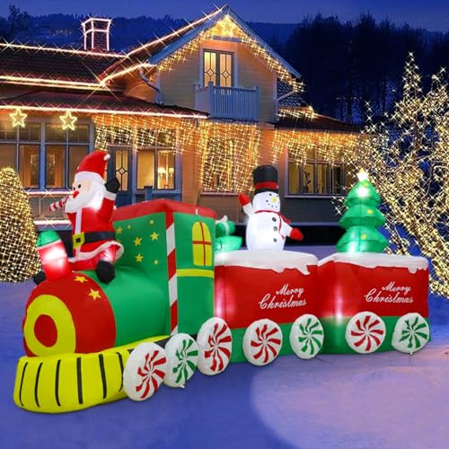 Aixuler 11 FT Christmas Inflatable Train Decoration with Santa Claus, Red & Green, Multicolor LED Lights, Weather Resistant