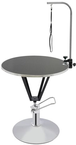 BraveeFly Hydraulischer Hundepflegetisch, Hydraulisch Anhebbarer Tierpflegetisch, Höhenverstellbar Schertisch Pflegetisch Runder Hundepflegetisch für Föhnen, Trimmen, Scheren, Ankleiden (Schwarz)