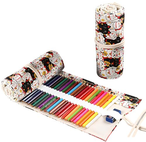 GXGM 36 Löcher Canvas Pencil Bag, Bleistifthalter für Künstler, Pencil Holder, Aufbewahrung für Stifte und Buntstifte zum Schreiben, Zeichnen, Glückskatzenmuster, 1 Stück
