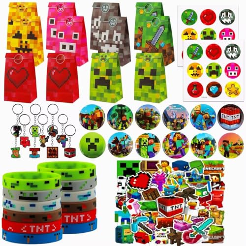 HYZMSZA 96 Stück Videospiel Spiel Party Mitgebsel, Videospiel Party Mitgebsel mit Videospiel Schlüsselanhänger Partytüten Silikon Armband Knopfnadeln Aufkleber für Kindergeburtstag Mitgebsel Deko