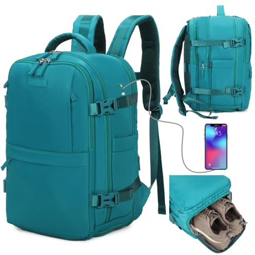 1990s Mochila de viaje cabina expandible para Ryanair 40x25x20-25cm,con bolsa de zapatillas,mochila casual impermeable extensible compatible con portátil 14- Verde