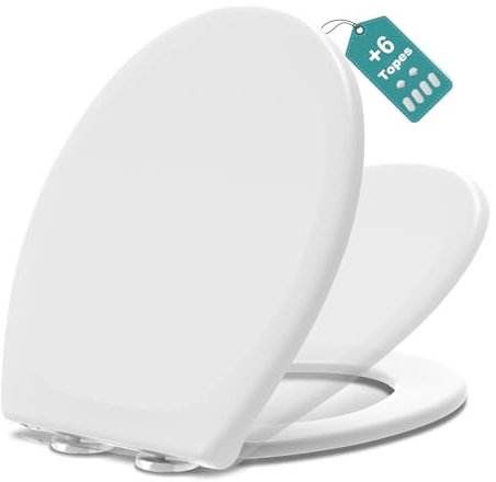 MEEJEE Tapa Wc Universal Amortiguada, Asiento Inodoro Blanco, Tapa de Vater Ovalada con Cierre Suave, Tapa de WC de Duroplast, Tapadera Wc para Familia, Tapa Inodoro Montaje Fácil