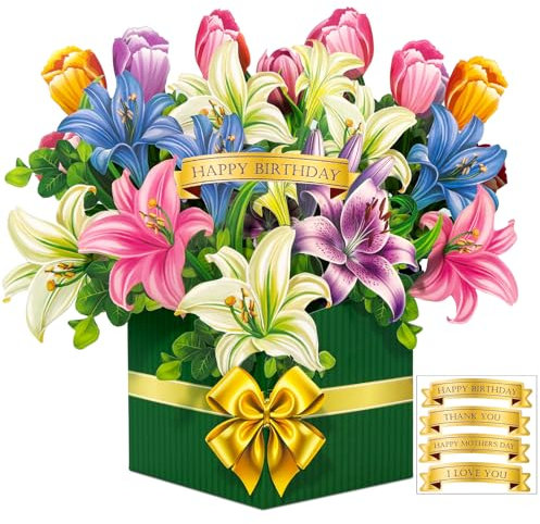 Hierein Lilien und Tulpen Pop Up Karte, 3D Geburtstagskarte Blumen für Mama Ehefrau Tochter Schwester, Geburtstagskarte Frau, Pop Up Karte Geburtstag Jahrestag Danke Lehrertag, Geschenke für Frauen