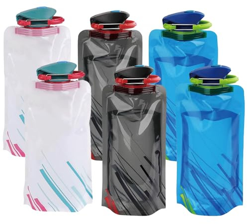 Catelves Vikbar drickflaska 700 ML, 6 stycken dricksflaskor, vikbar, PE vikbar vattenflaska, drickpåse med skruvlock för festival, vandring, resor, äventyr (vit, blå, svart)