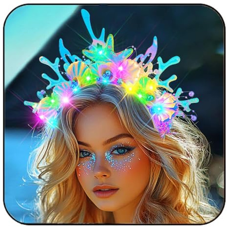Handcess Diadema con corona de concha iluminada, diadema LED de estrella de mar, perla de sirena brillante, accesorio para el cabello para mujer