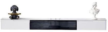 Banc TV Meuble TV mural flottant avec 1 porte rabattable en verre, 2 tiroirs et comptoir en ardoise, console multimédia flottante de style minimaliste for sous les téléviseurs Meuble TV(Blanc,180x24x1