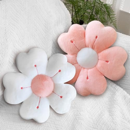 AVCXEC 2 PCS Flower Pillow, 35cm Flower Cushion, Plush Daisy Cushion, Cute Pillows, Daisy Shaped Throw Pillow, Aesthetic Floor Cushions for Room Decor Car Sofa Chair (White+Pink)