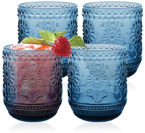 AstraLoom 4er-Set Trinkgläser 360ml (12oz) - Vintage Tumbler mit Blumenrelief-Prägung - Hochwertige schwere Glasbecher für Whisky, Bier, Saft, Wein in Grau
