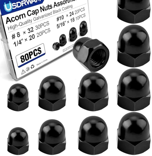 80Pcs 4 Size #8-32#10-24 1/4-20 5/16-18 Acorn Cap Nuts Assortment Kit, Zinc Plating-Black Hex Head Acorn Cap Nuts, Stainless Steel 18-8 (304) Hexagon Dome for Indoor Outdoor