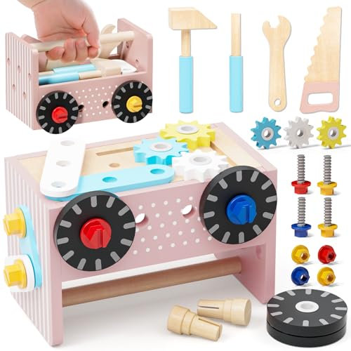 KidBloom Geschenk Mädchen 2 Jahre, Werkzeugkoffer Kinder Holzspielzeug, Werkzeug Kinder ab 2 3 4 Jahre