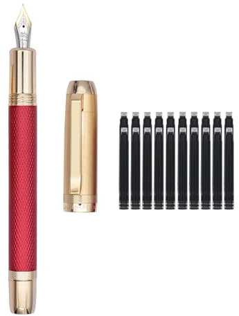 Jinhao 92 Stripes Fountain Pen Fine Nib, Solid Metal Pen with Ink Converter and 20 Black Ink Cartridges, Gold + Red