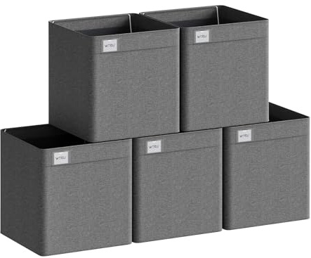 WOLTU Faltbare Aufbewahrungsboxen 5 Stück,mit Griffen,Etikette,32x32x32cm | Stoffboxen,Aufbewahrungswürfel Organizer für Regal,Dunkelgrau