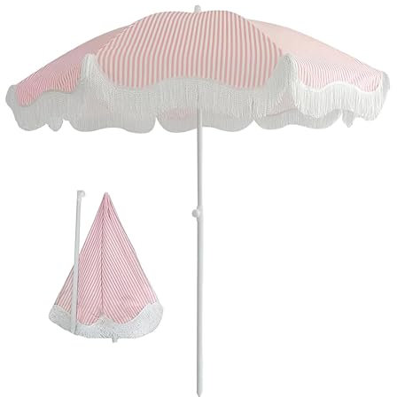 FMCAGNGAKP Parasol de Jardin avec Franges 1.8m | Parasol de Plage Inclinable Portable | Rayures Orange Parasol Terrasse | Parasol de Balcon Inclinable Rond