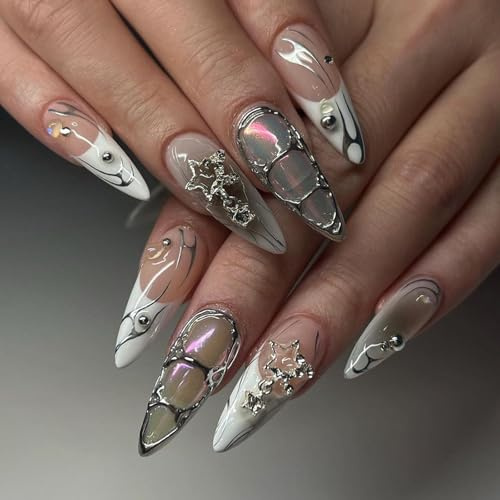 Ceboic 24 Stück Press on Nails Mandel, Mittel Lang Gothic Nägel zum Aufkleben, French Silber Weiß Künstliche Nägel, Glänzend Pentagram Full Cover Acryl Kunstnägel Fake Nail für Frauen Mädchen Maniküre