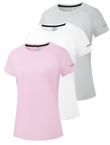 Dam Rash Guard UPF 50+ Solskydd Kort/Långärmad T-shirts Lätt Snabbtorkande SPF UV Simskjorta, Kortärmar: grå/vit/rosa, L